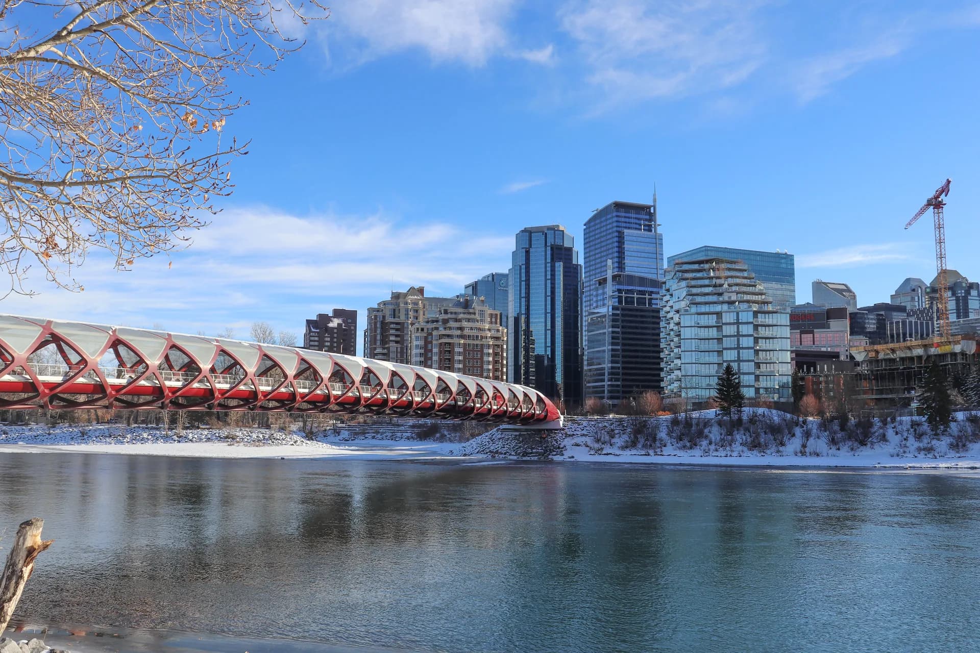 Calgary downtown skyline and the Peace Bridge over the Bow River, with a construction crane